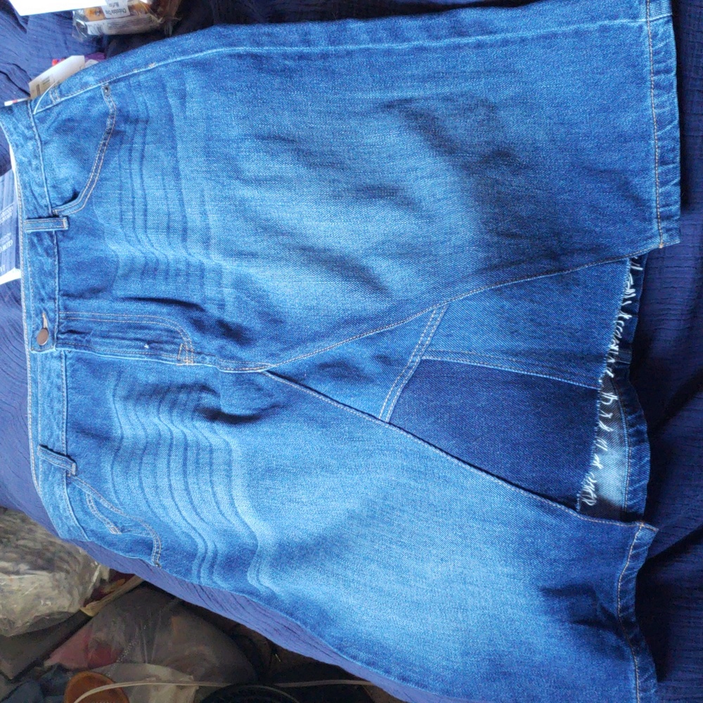 Patchwork Tri Denim Medium Wash Midi Skirt - Picture 5 of 7